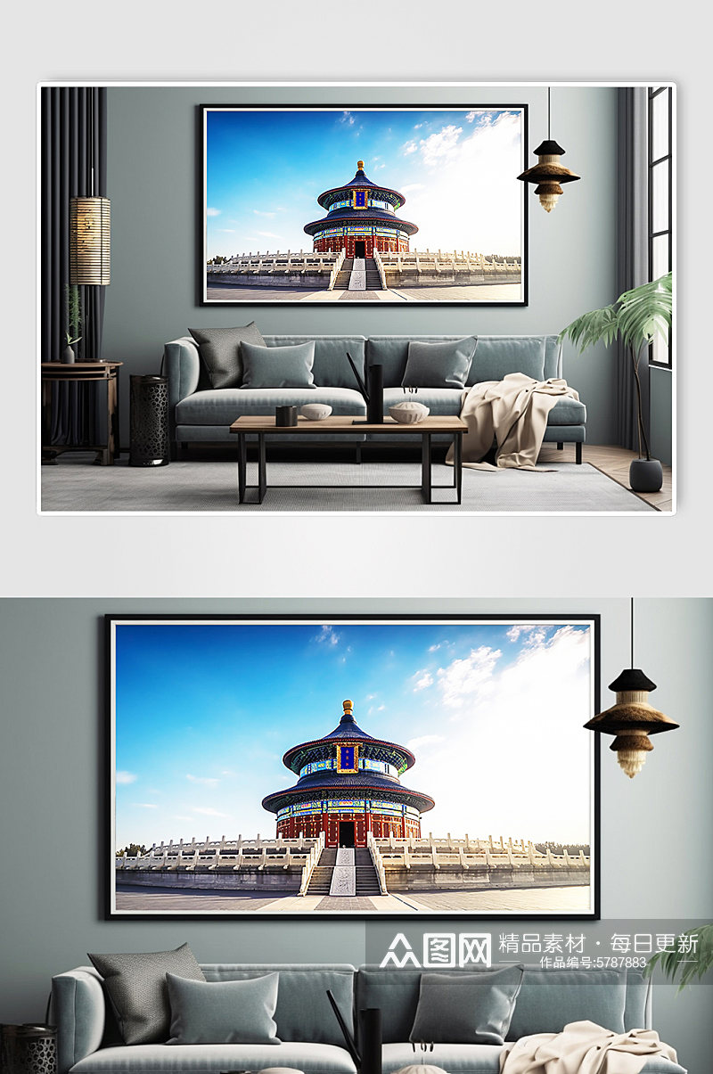 中国北京天坛旅游景点风景建筑湖边装饰画素材