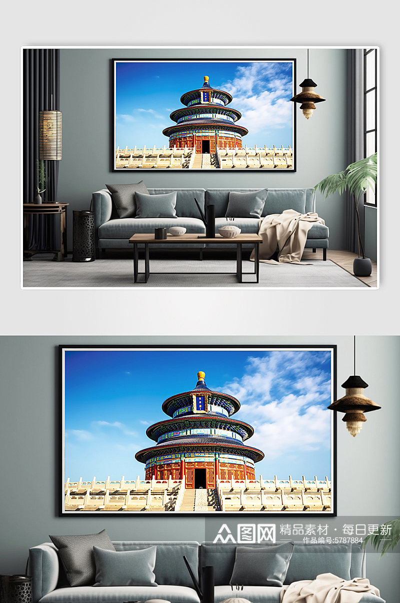中国北京天坛旅游景点风景建筑湖边装饰画素材