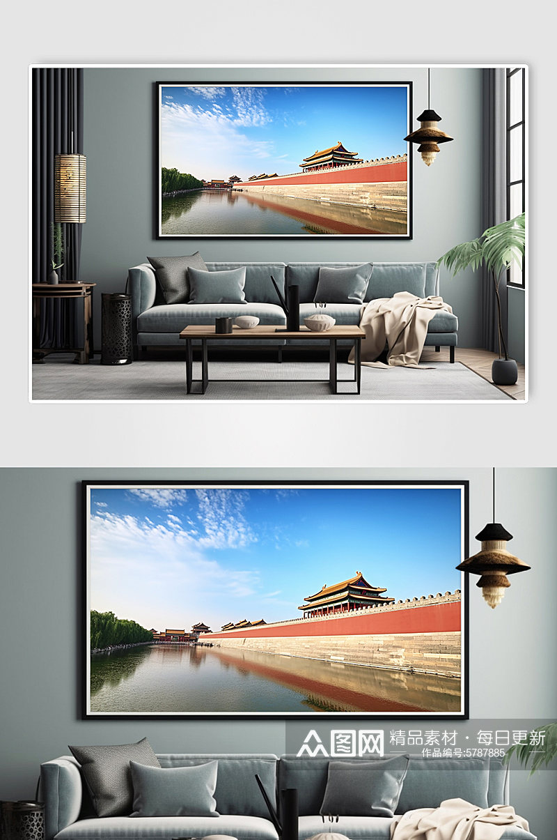 中国北京故宫湖景旅游景点风景建筑装饰画素材