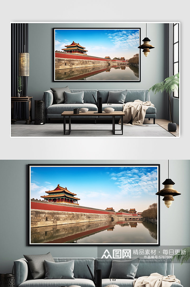 中国北京故宫湖景旅游景点风景建筑装饰画素材