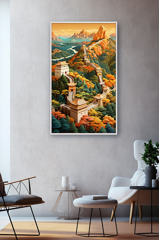 秋天中国长城北京长城剪纸风插画装饰画-众图网