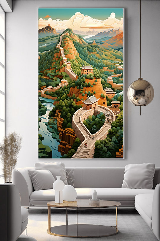 创意万里长城北京地标剪纸风插画装饰画