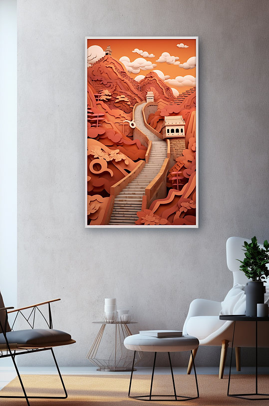 金色秋天中国长城北京长城剪纸风插画装饰画-众图网