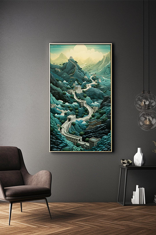 北京万里长城绿色剪纸风插画装饰画-众图网