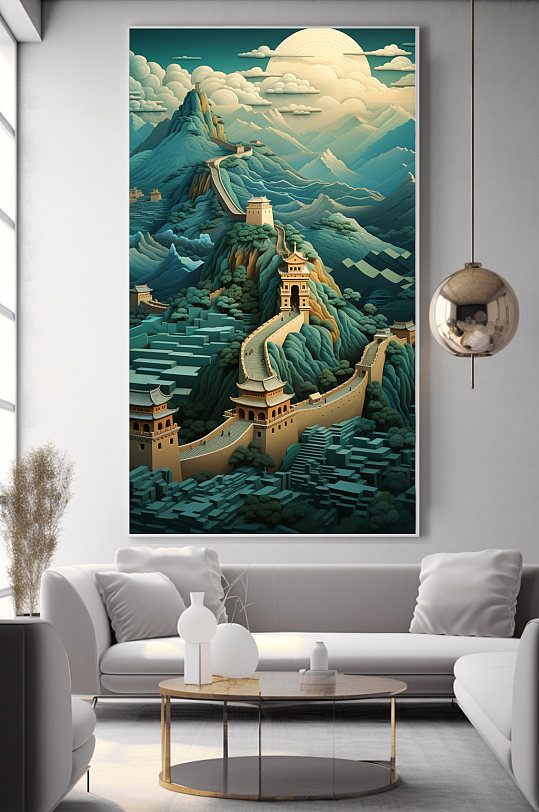北京万里长城绿色剪纸风插画装饰画-众图网