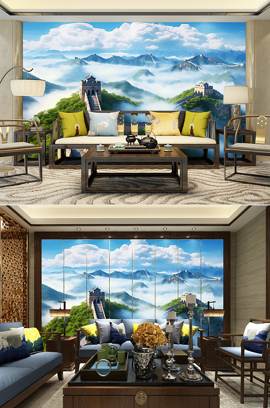 蓝天云雾山野北京长城装饰画电视背景墙-众图网