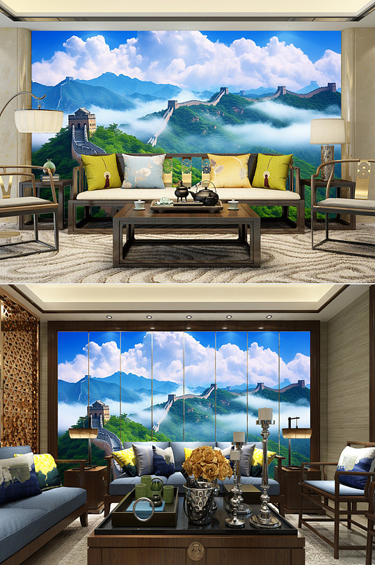 云雾绿色山野北京长城装饰画电视背景墙-众图网