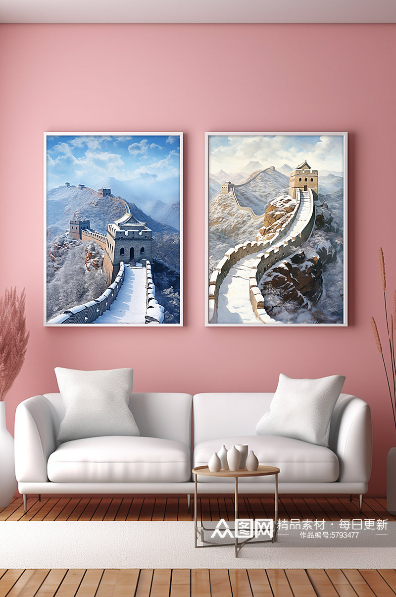 冬天雪山雪霜长城风景组合装饰画素材