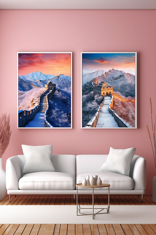 冬天暖冬雪山雪霜长城风景分幅组合装饰画-众图网
