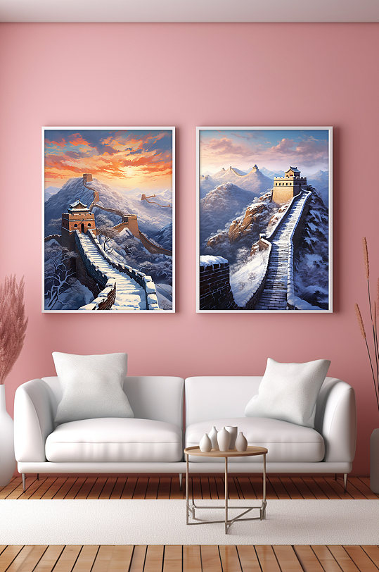 冬天暖冬雪山雪霜长城风景分幅组合装饰画-众图网