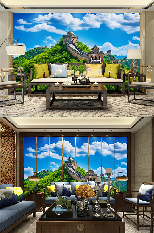 蓝天绿草春天长城风景装饰画电视背景墙-众图网