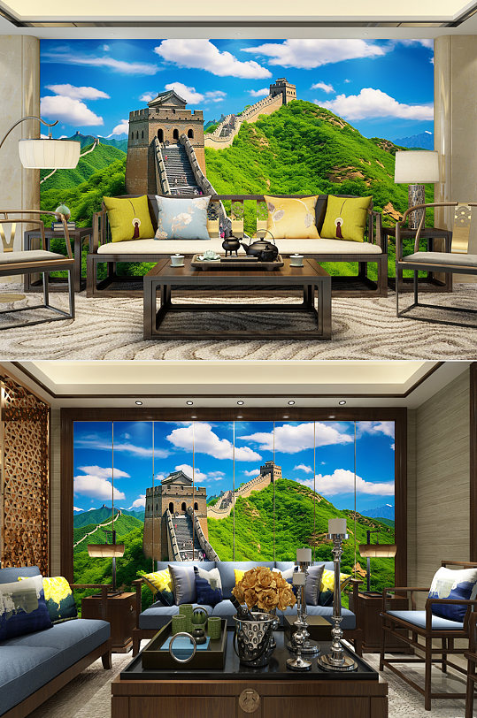 蓝天绿草春天长城风景装饰画电视背景墙-众图网