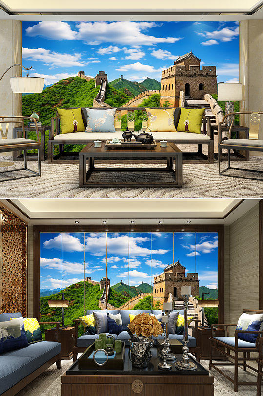 绿色山野春天长城风景装饰画电视背景墙-众图网