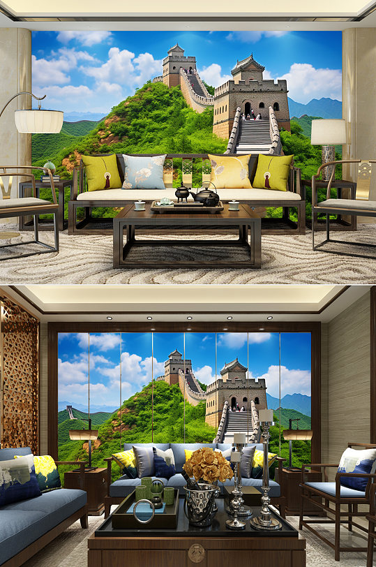 湛蓝天空春天长城风景装饰画电视背景墙-众图网