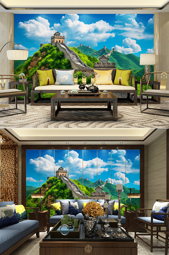 湛蓝天空春天长城风景装饰画电视背景墙-众图网