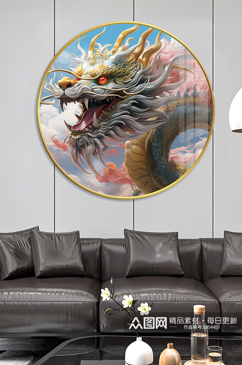 创意3D中国龙龙年圆形客厅装饰画挂画素材