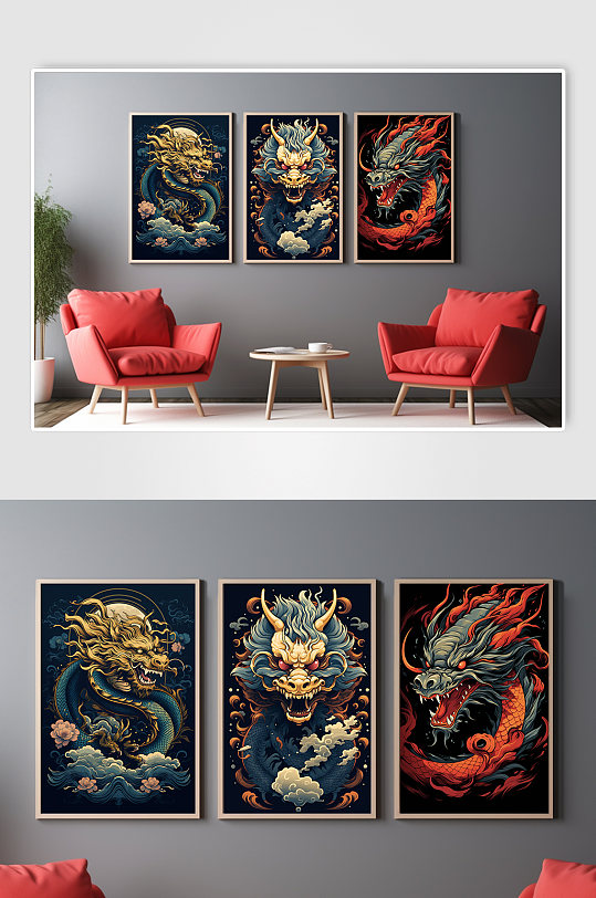 创意国潮龙年中国龙插画组合装饰画-众图网