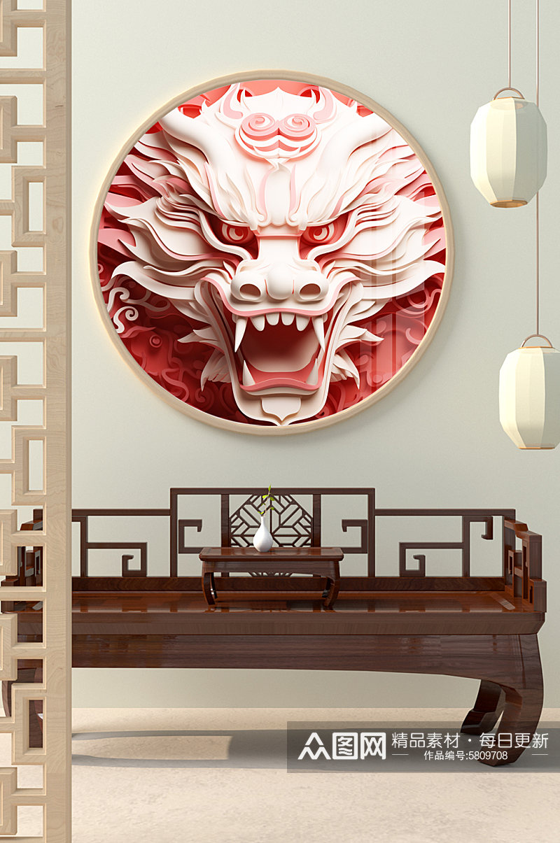 国潮龙年中国龙剪纸客厅圆形挂画装饰画素材