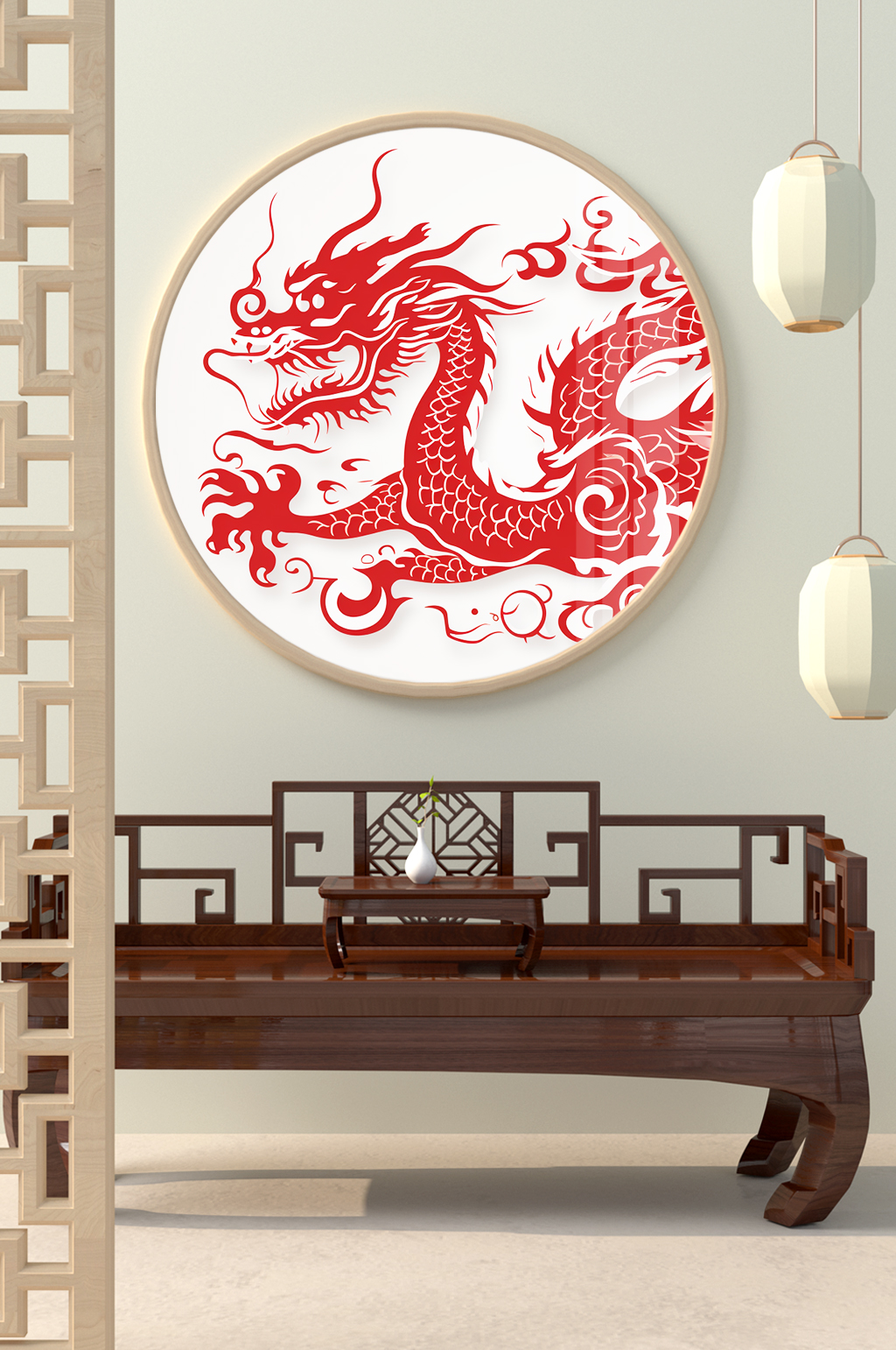 国潮龙年中国龙剪纸客厅圆形挂画装饰画素材