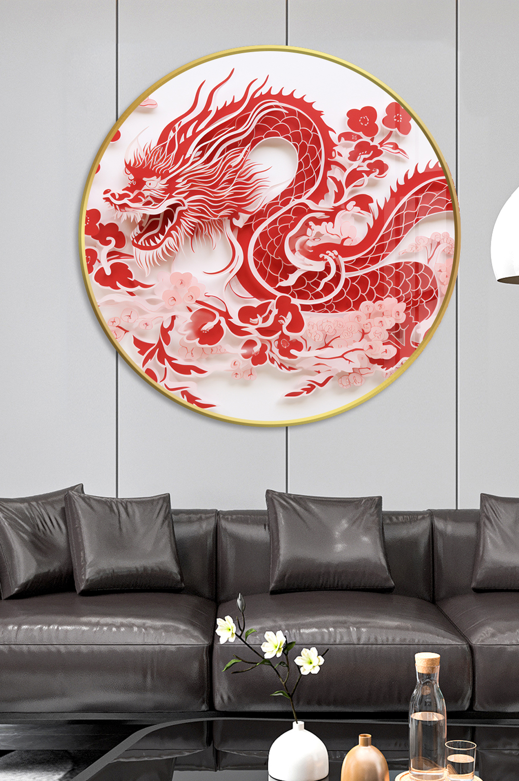 國(guó)潮龍年中國(guó)龍剪紙客廳圓形掛畫(huà)裝飾畫(huà)素材