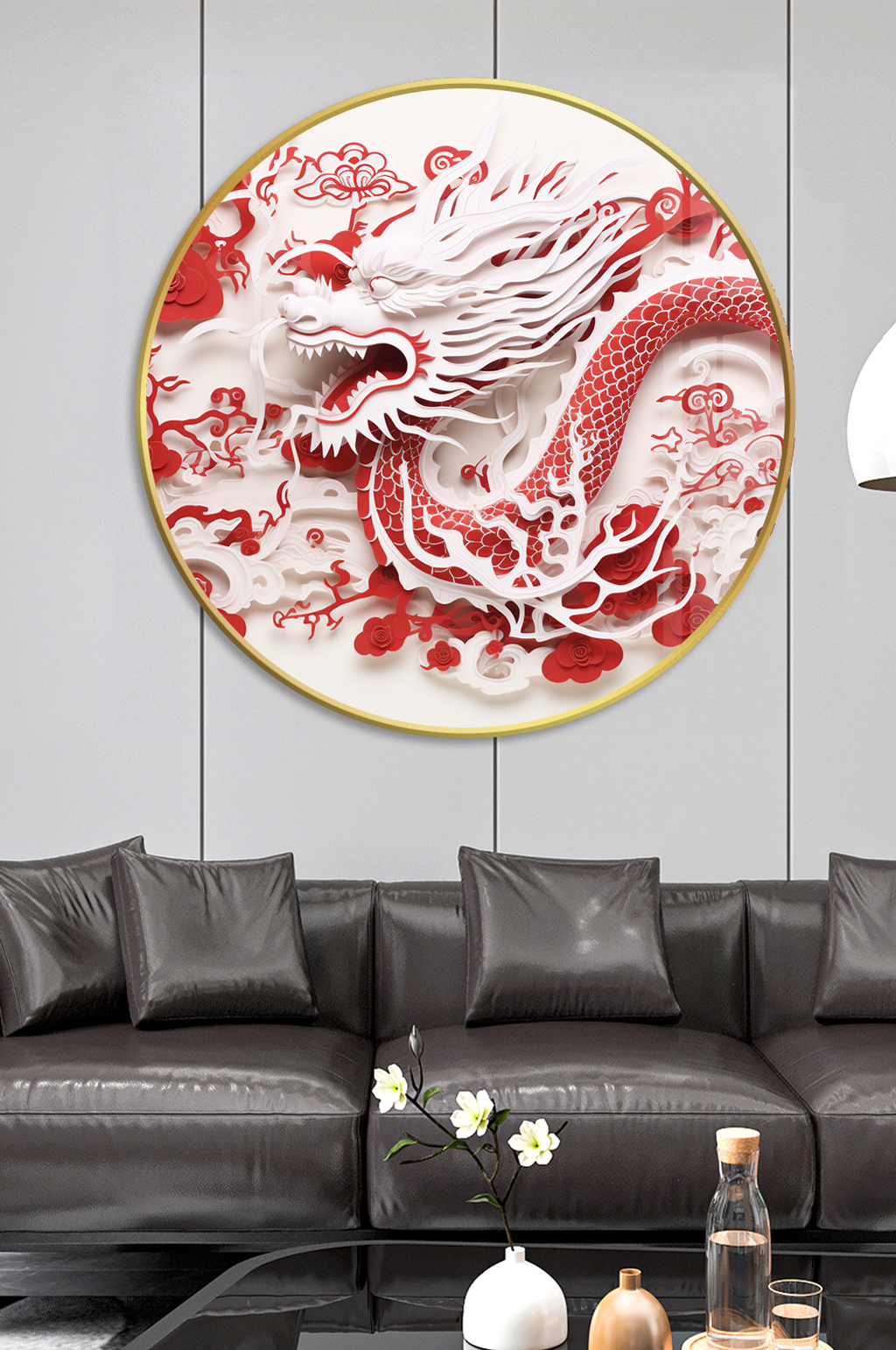 國(guó)潮龍年中國(guó)龍剪紙客廳圓形掛畫(huà)裝飾畫(huà)素材