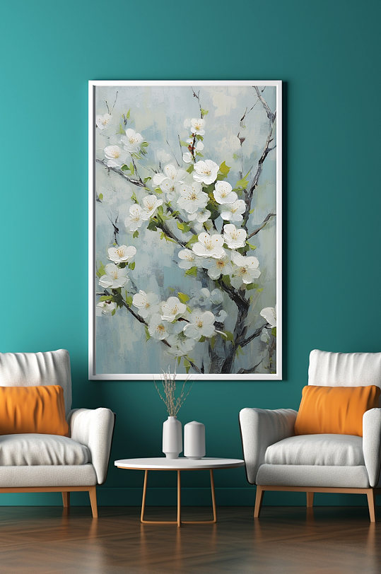 白色花卉丁香花油画肌理感装饰画-众图网