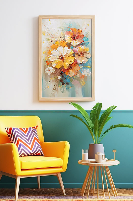 橘色炫彩花卉油画肌理感装饰画-众图网