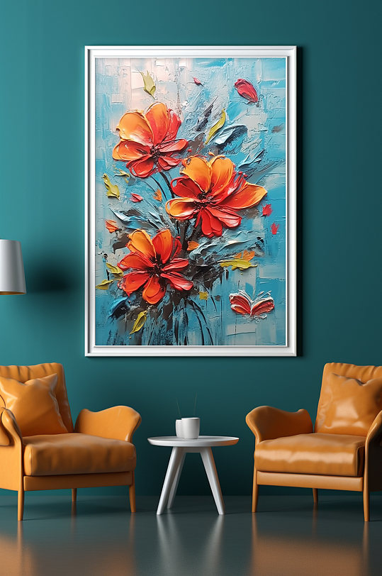 橘色炫彩花卉油画肌理感装饰画-众图网