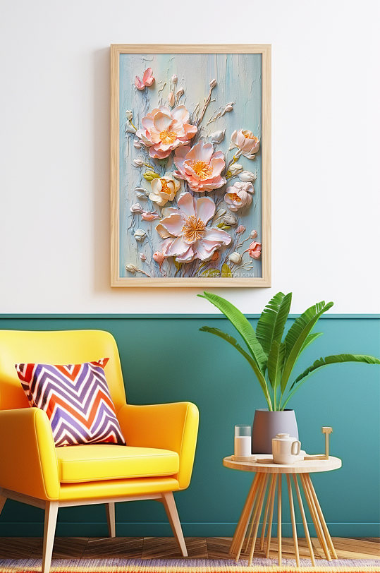 粉色清新花卉油画肌理感装饰画-众图网