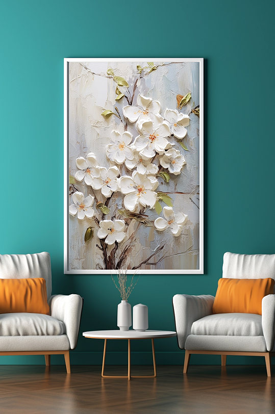 白色花卉丁香花油画肌理感装饰画-众图网