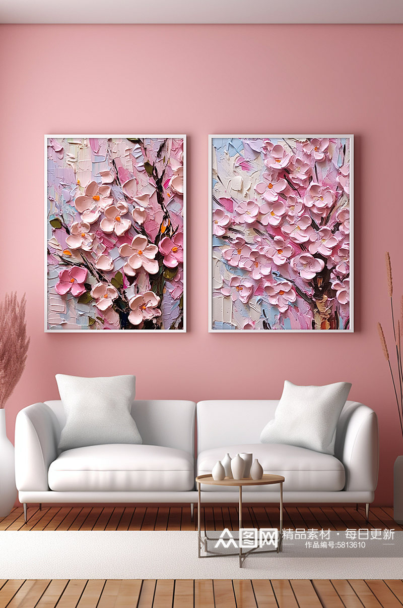 浪漫粉色花卉油画肌理感分幅组合装饰画素材