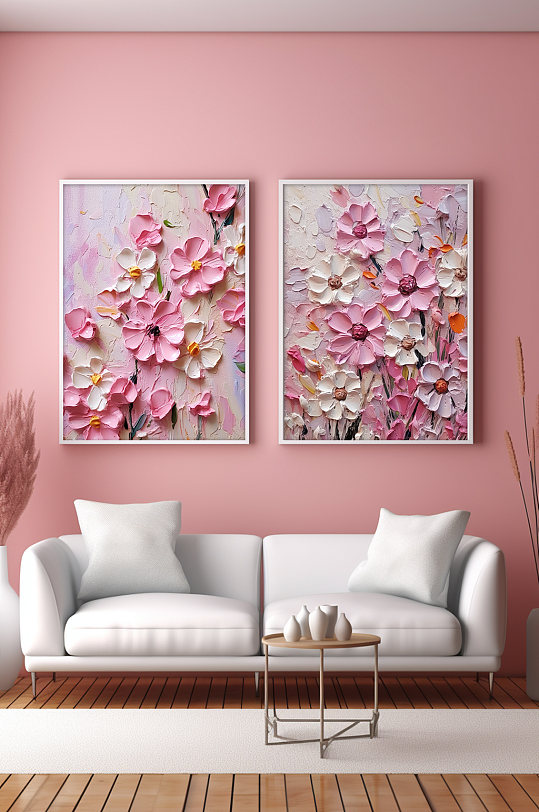 粉色清新花卉油画肌理感分幅组合装饰画