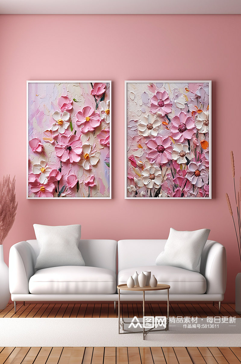 粉色清新花卉油画肌理感分幅组合装饰画素材