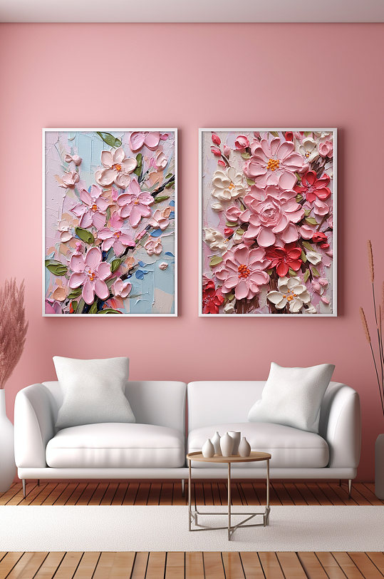 浪漫粉色花卉油画肌理感分幅组合装饰画