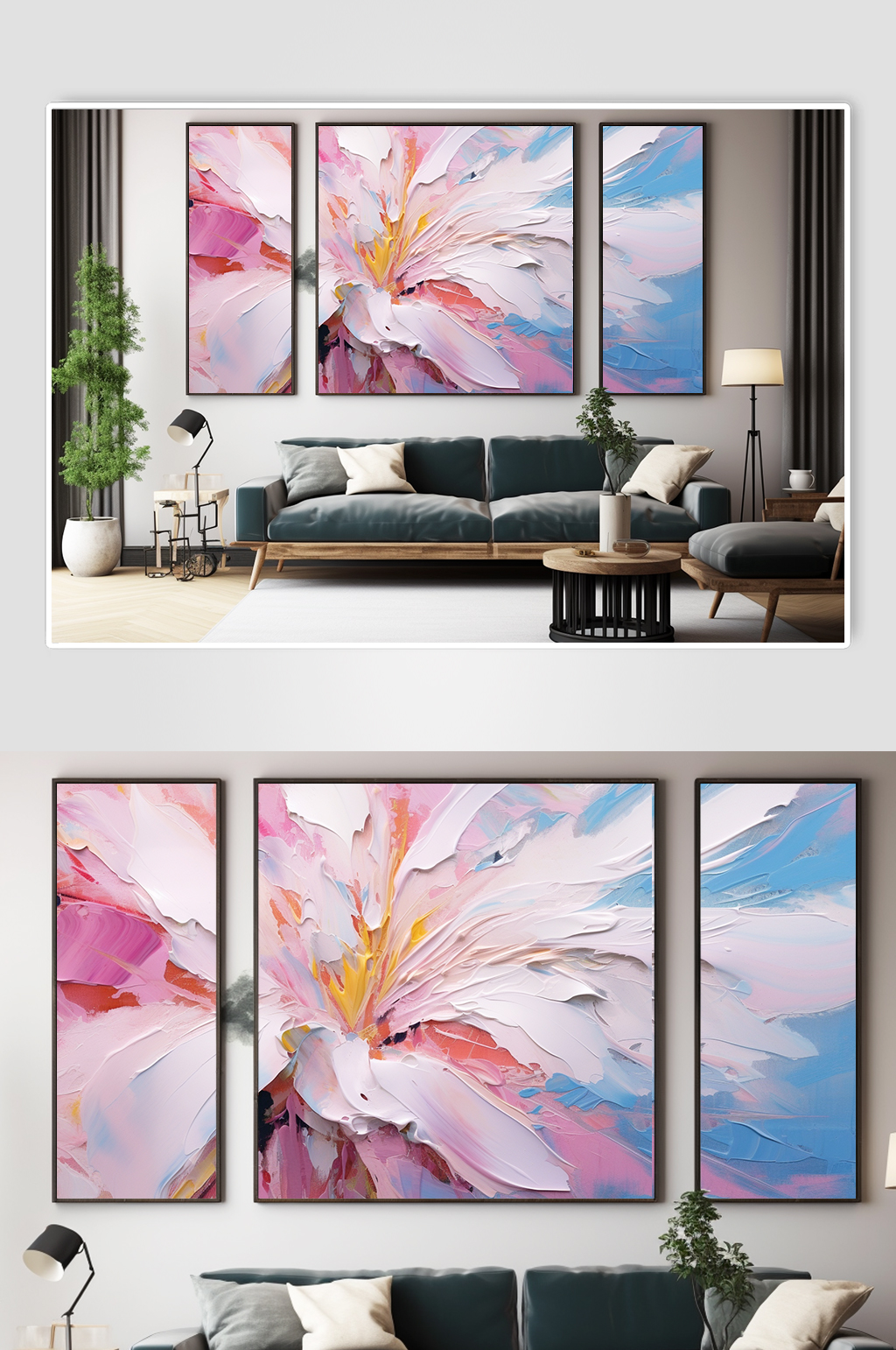 蓝粉花卉日系清新油画肌理感抽象装饰画素材