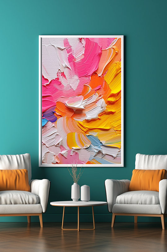 粉黄炫彩墨痕油画肌理感抽象装饰画-众图网