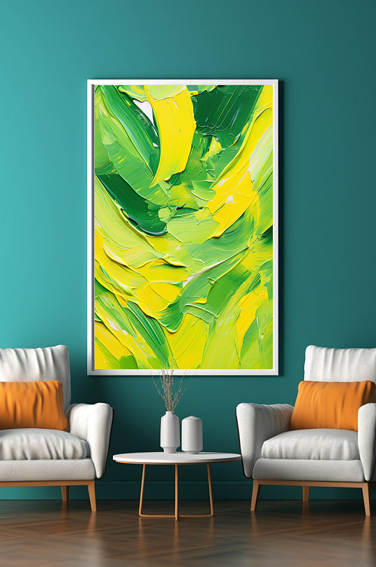 春天绿色墨痕油画肌理感抽象装饰画-众图网