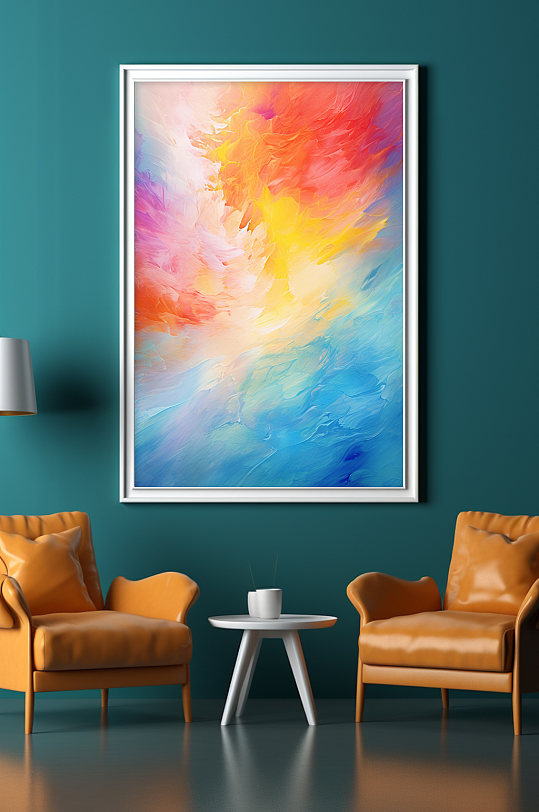 橘渐变蓝高饱和油画肌理感抽象装饰画-众图网