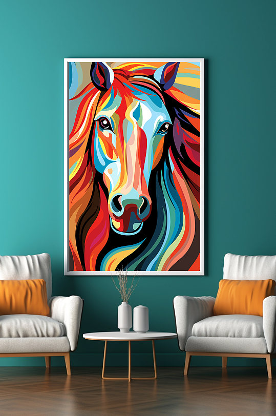 彩绘毕加索风格抽象彩色马拼贴画装饰画