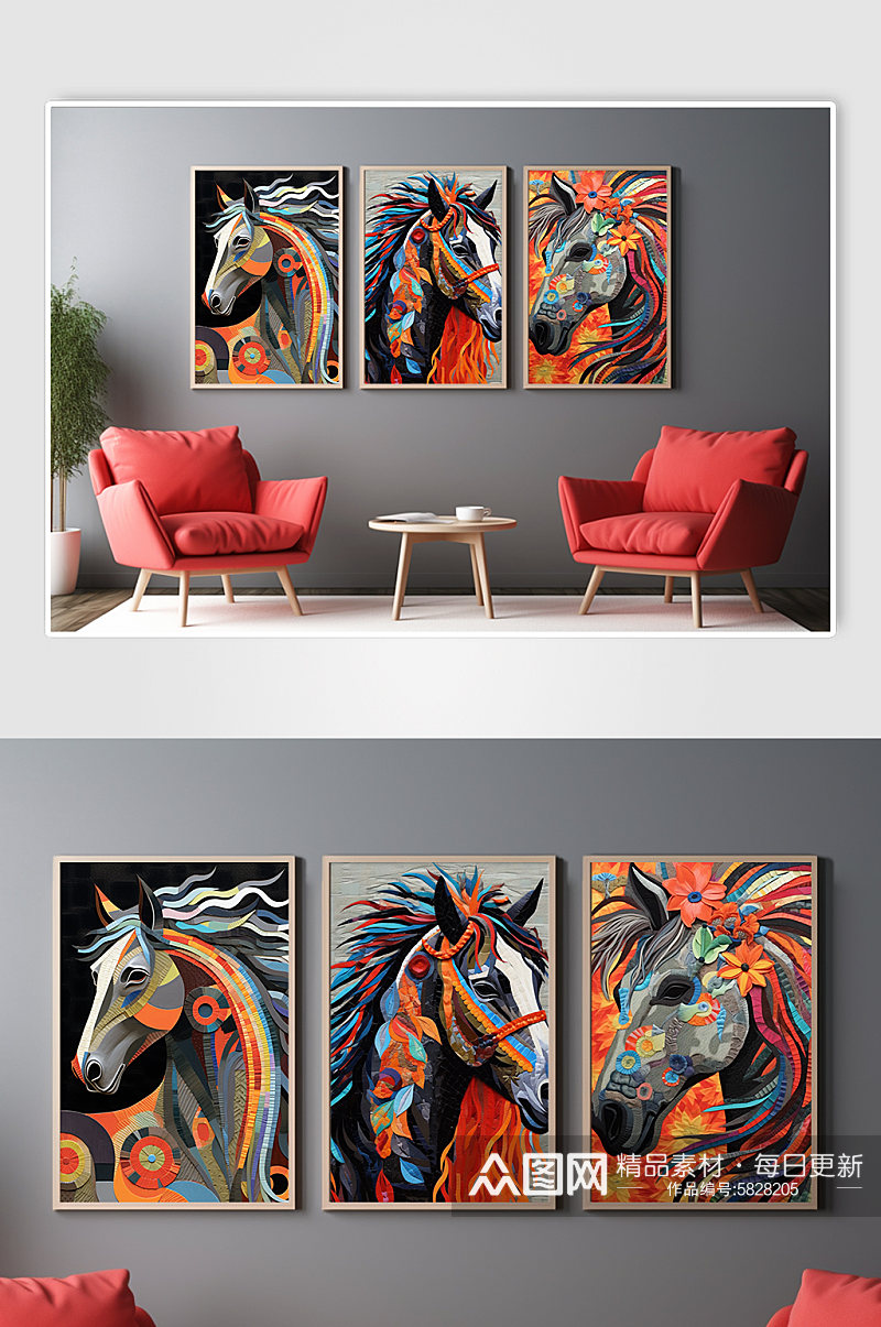 创意几何国潮彩色色块拼接马拼贴画装饰画素材