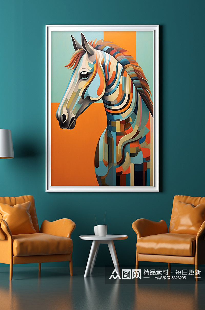暖色调彩色色块拼接马拼贴画装饰画素材