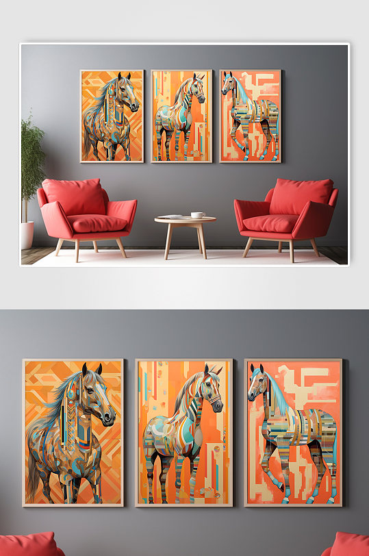 创意几何橘色彩色色块拼接马拼贴画装饰画