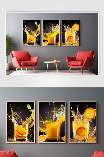 橙汁新鲜水果果汁饮品组合装饰画