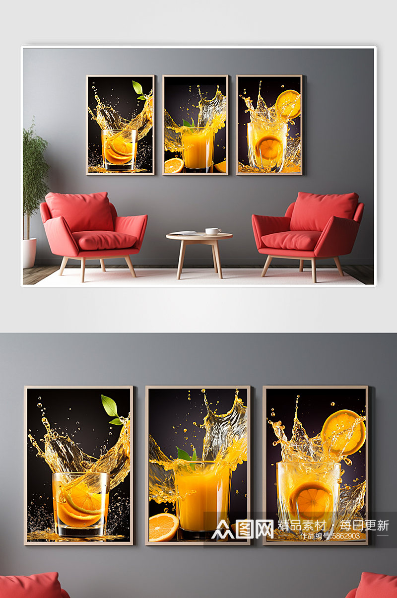 橙汁新鲜水果果汁饮品组合装饰画素材