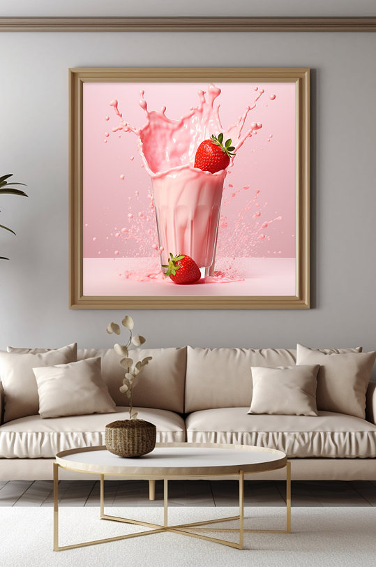 粉色草莓奶茶飞溅水果果汁饮品组合装饰画