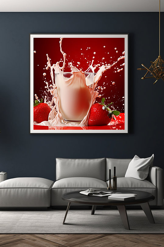 草莓牛奶飞溅水果果汁饮品广告装饰画