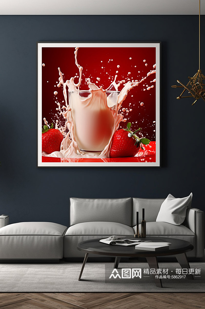 草莓牛奶飞溅水果果汁饮品广告装饰画素材