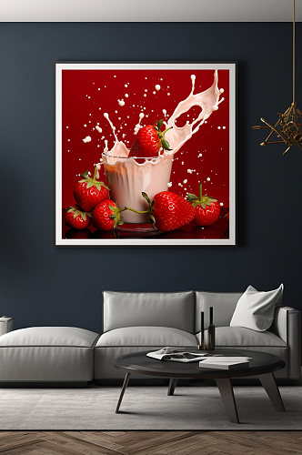 草莓牛奶飞溅水果果汁饮品广告装饰画