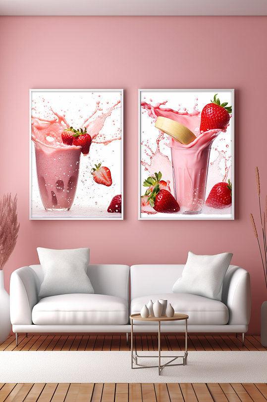 草莓牛奶飞溅水果果汁饮品组合装饰画
