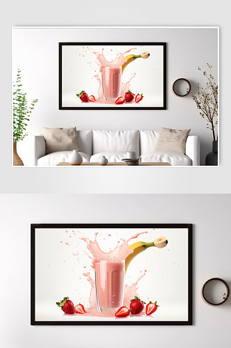 草莓香蕉飞溅水果果汁饮品清新装饰画
